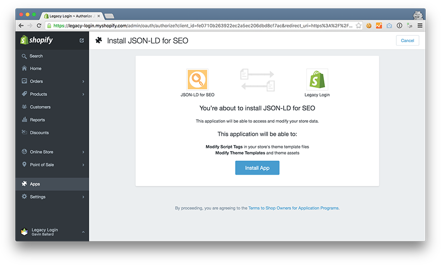 Shopify Authorisation Page Shopify Authorisation Page